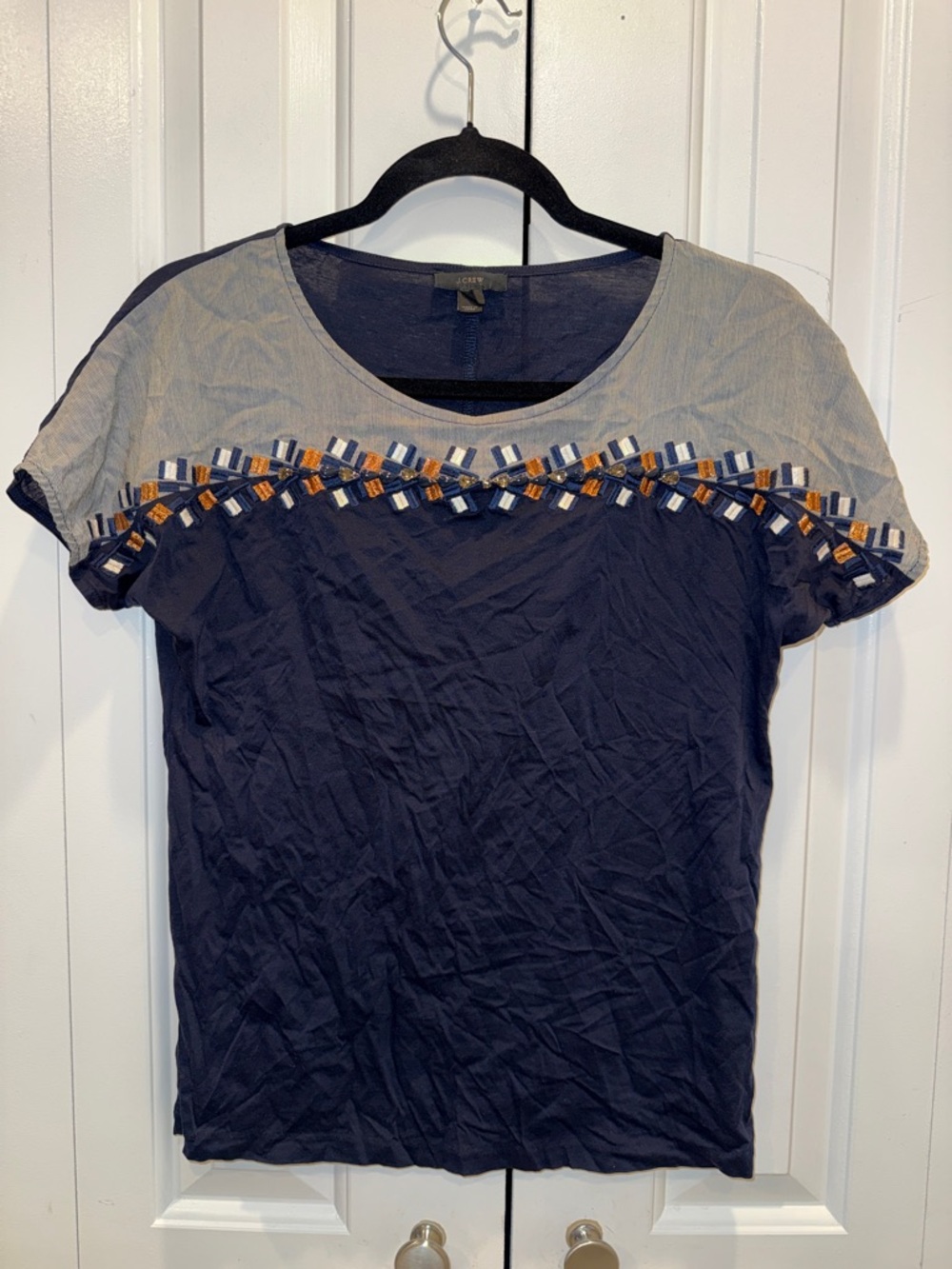 J. Crew Navy Top with Light Gray Yoke and Multicolor Embroidery